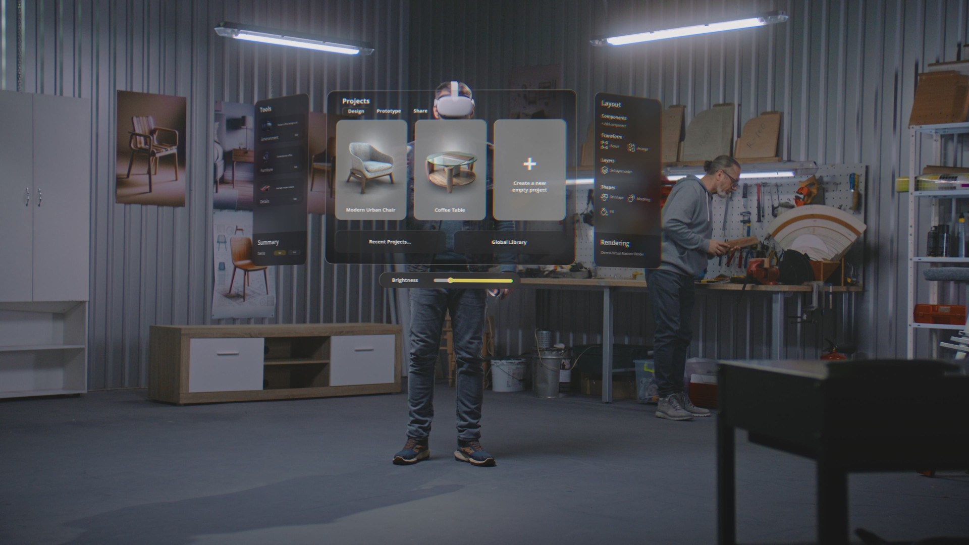 Artisan in VR headset assembles chair using app with AI user interface. 3D graphics of holographic furniture